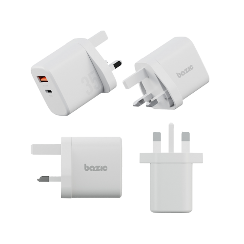Bazic Go Port Velox Kit Bundle 1-Port USB-C & 1-Port USB-A PD 35W Wall Charger with Weave USB-C to USB-C 60W Cable - Vanilla White - شاحن حائط - فتحتين للشحن السريع - 35 واط + سلك شحن تايب سي قوة 60 واط - كفالة 24 شهر
