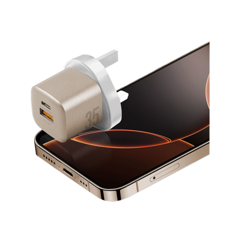 Energea Ampcharge 1-Port USB-C and 1-Port USB-A 35W GaN Wall Charger - Gold [B] - شاحن حائط - انيرجيا - قوة 35 واط - 2 فتحتين للشحن السريع - 1 تايب سي بي دي - 1 يو اس بي  - كفالة 18 شهر