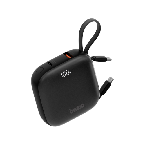 Bazic GoPower Fusion 4 in 1 Power Bank With Build in USB-C And Lightning Cable 10000mAh - Black - بطارية متنقلة - بيزك - قوة 10000 - سلك شاحن أيفون + تايب سي - 1 منفذ تايب سي - 1 منفذ يو اس بي - شاشة رقمية - كفالة 12 شهر