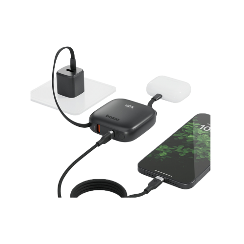 Bazic GoPower Fusion 4 in 1 Power Bank With Build in USB-C And Lightning Cable 10000mAh - Black - بطارية متنقلة - بيزك - قوة 10000 - سلك شاحن أيفون + تايب سي - 1 منفذ تايب سي - 1 منفذ يو اس بي - شاشة رقمية - كفالة 12 شهر