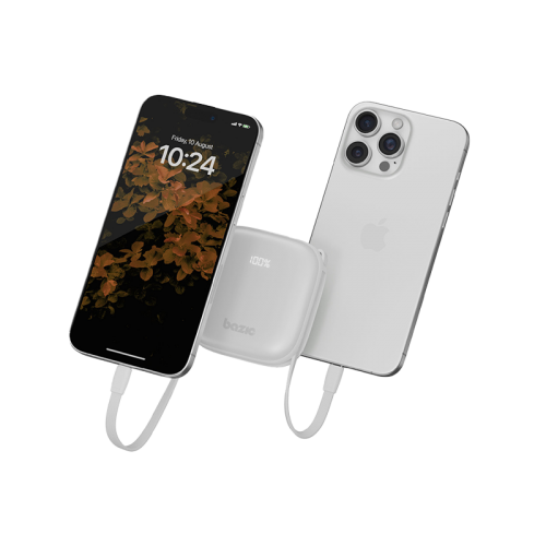 Bazic GoPower Fusion 4 in 1 Power Bank With Build in USB-C And Lightning Cable 10000mAh - Vanilla [B] - بطارية متنقلة - بيزك - قوة 10000 - سلك شاحن أيفون + تايب سي - 1 منفذ تايب سي - 1 منفذ يو اس بي - شاشة رقمية - كفالة 12 شهر