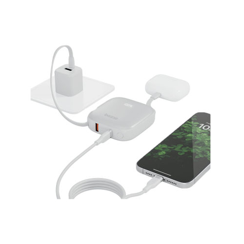 Bazic GoPower Fusion 4 in 1 Power Bank With Build in USB-C And Lightning Cable 10000mAh - Vanilla [B] - بطارية متنقلة - بيزك - قوة 10000 - سلك شاحن أيفون + تايب سي - 1 منفذ تايب سي - 1 منفذ يو اس بي - شاشة رقمية - كفالة 12 شهر