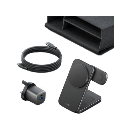 Energea Essential Kit Ampcharge GaN 35W Wall Charger + MagTrio Plus 3 in 1 Wireless Charger - Gun + Helix USB-C to USB-C Cable - Grey [B] حقيبة السفر - 4 في 1 - حقيبة + ستاند شحن لا سلكي 3 في 1 + شاحن حائط قوة 35 واط + سلك شحن تايب سي - كفالة 12 شهر