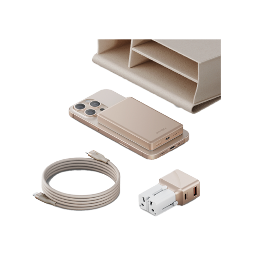 Energea Voyager Kit Travel world Adapter 25 + Alupac Power Bank 10000mAh + Helix Cable 1.5M + Pouch - Beige [B] - حقيبة السفر - 4 في 1 حقيبة + بطاريه ماغ سيف سعة 10000 مللي امبير + شاحن حائط دولي + سلك شحن تايب سي طول 1.5 متر - كفالة 12 شهر