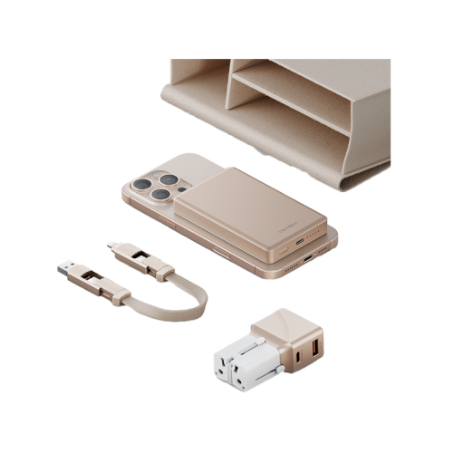 Energea X Bazic Travel Kit Travel world Adapter 25 + Alupac Power Bank 10000mAh + Alu Cable 15CM + Pouch - Beige حقيبة السفر - 4 في 1 - حقيبة + بطاريه ماغ سيف سعة 10000 مللي امبير + شاحن حائط دولي + سلك شحن 4 في 1 طول 15 سم - كفالة 12 شهر