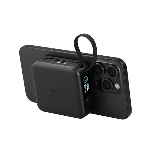 Energea Magpac Mini Plus Wireless Power Bank 10000mAh With Build in USB-C Cable & Display - Black - بطارية متنقلة - انيرجيا - سعة 10000 - عدد 2 سلك شاحن تايب سي - مع شحن لاسلكي - تدعم شحن ساعة ابل + الايربودز - شاشة رقميه - كفالة 24 شهر