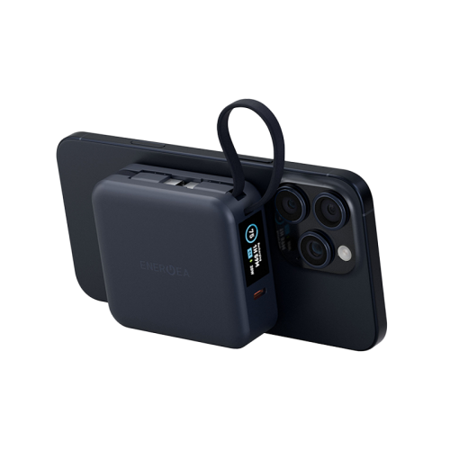 Energea Magpac Mini Plus Wireless Power Bank 10000mAh With Build in USB-C Cable & Display - Blue - بطارية متنقلة - انيرجيا - سعة 10000 - عدد 2 سلك شاحن تايب سي - مع شحن لاسلكي - تدعم شحن ساعة ابل + الايربودز - شاشة رقميه - كفالة 24 شهر