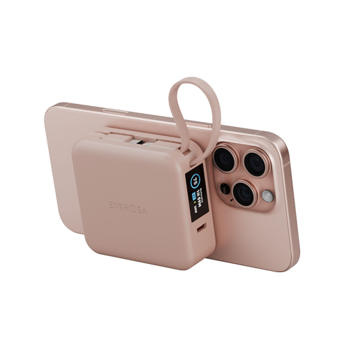 Energea Magpac Mini Plus Wireless Power Bank 10000mAh With Build in USB-C Cable & Display - Pink - بطارية متنقلة - انيرجيا - سعة 10000 - عدد 2 سلك شاحن تايب سي - مع شحن لاسلكي - تدعم شحن ساعة ابل + الايربودز - شاشة رقميه - كفالة 24 شهر