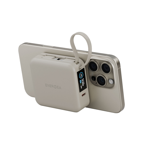 Energea Magpac Mini Plus Wireless Power Bank 10000mAh With Build in USB-C Cable & Display - Beige - بطارية متنقلة - انيرجيا - سعة 10000 - عدد 2 سلك شاحن تايب سي - مع شحن لاسلكي - تدعم شحن ساعة ابل + الايربودز - شاشة رقميه - كفالة 24 شهر