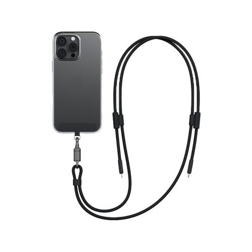 Energea Lasso 2-In-1 USB-C To USB-C 240W 480Mbps Lanyard With Charging Cable 1.5M - Black - خيط علاقة - 2 في 1 - انيرجيا - سلك شحن تايب سي الى تايب سي - قوة 240 واط - يمكنكم اختيار مع كفر شفاف او بدون كفر فقط خيط علاقة