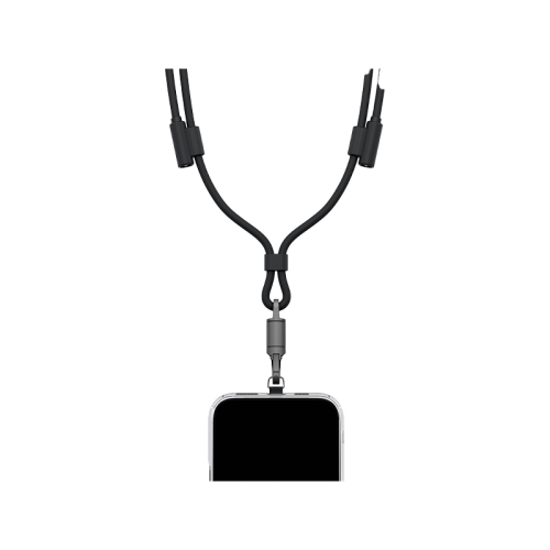 Energea Lasso 2-In-1 USB-C To USB-C 240W 480Mbps Lanyard With Charging Cable 1.5M - Black - خيط علاقة - 2 في 1 - انيرجيا - سلك شحن تايب سي الى تايب سي - قوة 240 واط - يمكنكم اختيار مع كفر شفاف او بدون كفر فقط خيط علاقة