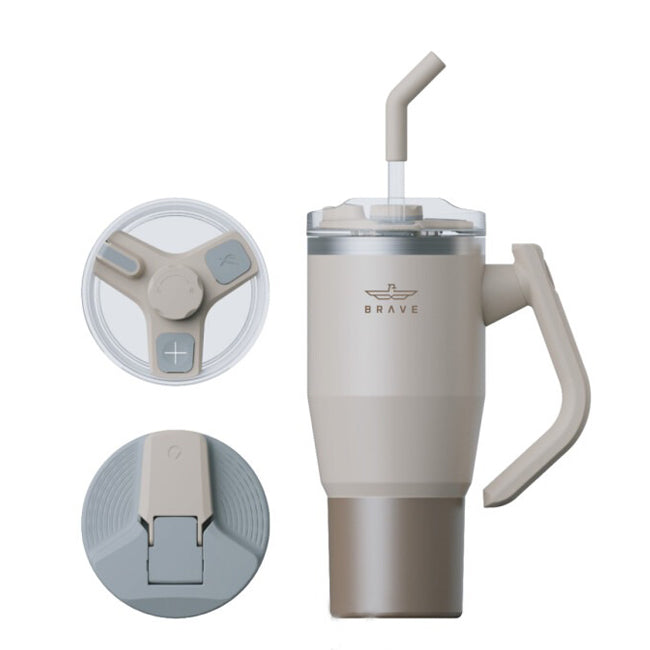 Brave Temp Guard Vacuum Insulated Travel Mug – 180° Rotating Handle, 24H Cold & 12H Hot Retention, Leak-Proof Lids, 950ml – Beige [S] - مطارة حافظة للحرارة  والبرودة