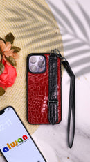 Dana Red with Black Leather Case with Card Slot and Strap - كفر مع مسكة شريطة ومكان للبطاقات وخيط علاقة