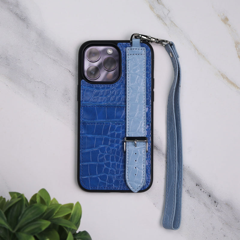 Dana Blue Leather Case with Card Slot and Strap - كفر مع مسكة شريطة ومكان للبطاقات وخيط علاقة
