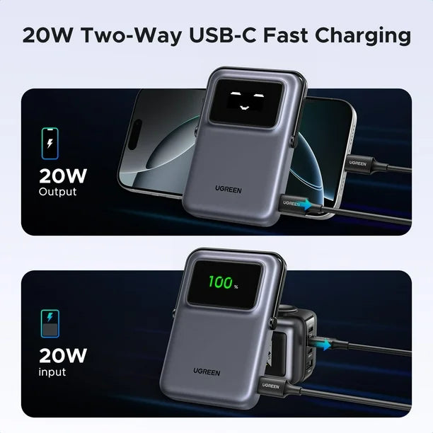 UGREEN Uno Magnetic Wireless Power Bank 5000mAh [B] - بطارية متنقلة - ماغ سيف + ستاند - يوجرين - قوه 20 واط - سعة 5000 ملي امبير - كفالة 12 شهر