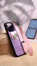 Dana Purple with Pink Strap Leather Case with Card Slot and Strap - كفر مع مسكة شريطة ومكان للبطاقات وخيط علاقة