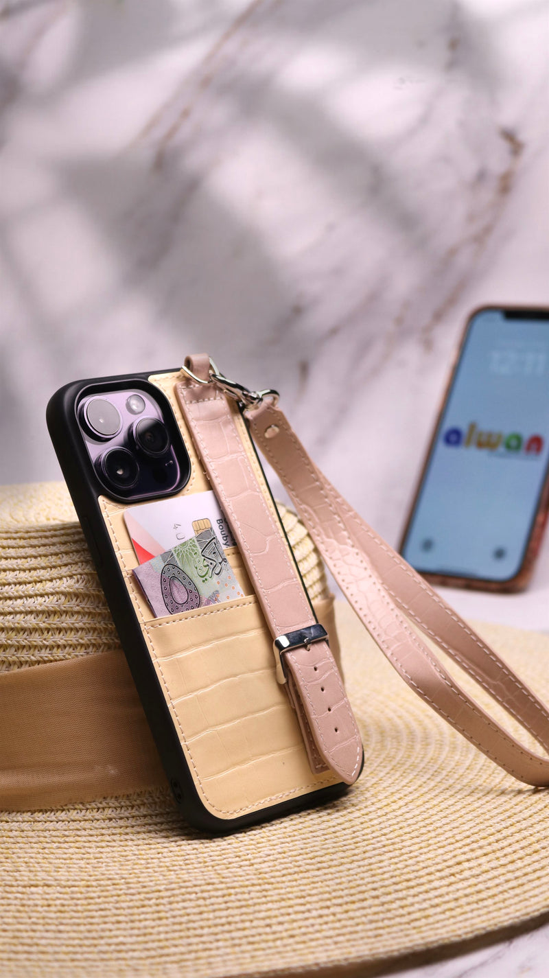 Dana Yellow Leather Case with Card Slot and Strap - كفر مع مسكة شريطة ومكان للبطاقات وخيط علاقة
