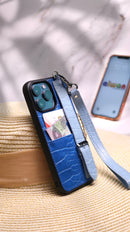 Dana Blue Leather Case with Card Slot and Strap - كفر مع مسكة شريطة ومكان للبطاقات وخيط علاقة