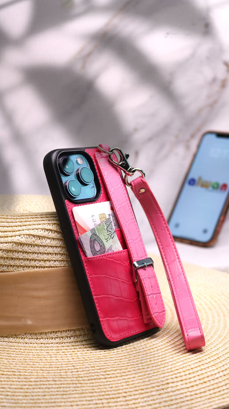 Dana Fuchsia with Pink Leather Case with Card Slot and Strap - كفر مع مسكة شريطة ومكان للبطاقات وخيط علاقة
