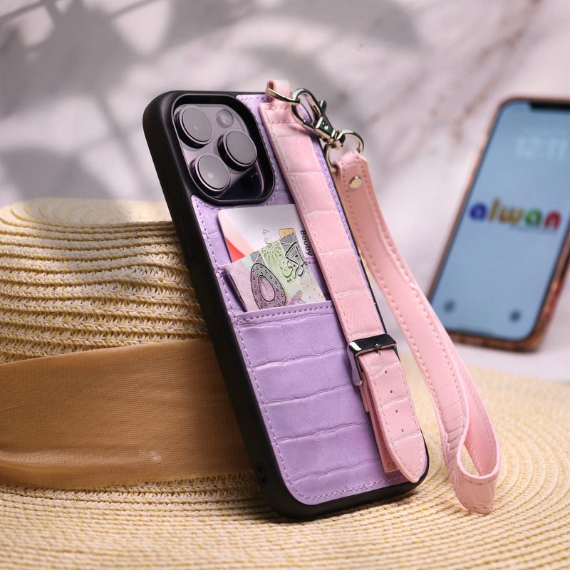 Dana Purple with Pink Strap Leather Case with Card Slot and Strap - كفر مع مسكة شريطة ومكان للبطاقات وخيط علاقة