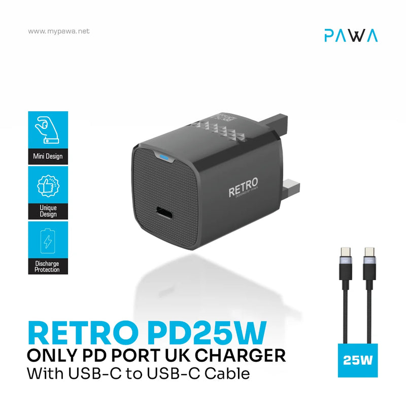 PAWA Retro PD25W Only PD Port UK Charger With USB-C to USB-C Cable - Black - بلاك شاحن حائط + سلك شحن تايب سي - 25 واط - باوا - كفالة 12 شهر