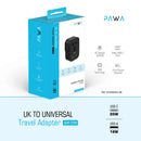 PAWA UK TO UNIVERSAL TRAVEL ADAPTER GAN 20W.  - شاحن حائط  - 3 منافذ للشحن + منفذ كهرباء - قوة 20 واط - كفالة 24 شهر