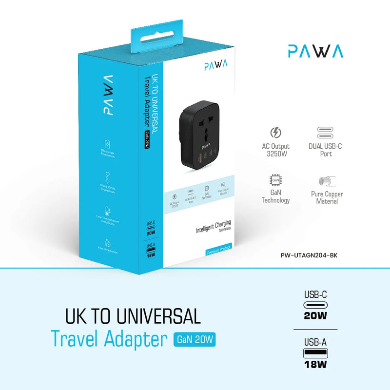 Pawa UK TO UNIVERSAL TRAVEL ADAPTER GAN 20W.  - شاحن حائط  - 3 منافذ للشحن + منفذ كهرباء - قوة 20 واط - كفالة 24 شهر