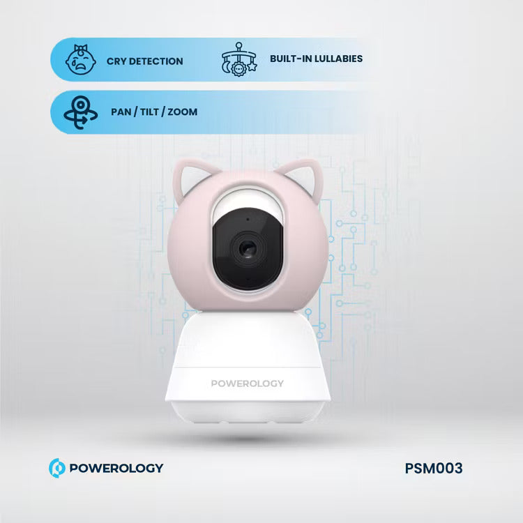 Powerology Monitor - App Baby Camera with  Pink Covers Type-C Charging Interface, Built-in Lullabies - كاميرا داخلية + شاشة  باورولوجي - كفالة 12 شهر