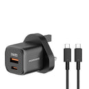 Porodo PD 20W USB QC3.0 UK Fast Charger with C to C Cable - Black - بلاك شاحن حائط + سلك شحن تايب سي - طول 1.2 متر - بورودو - كفالة 12 شهر