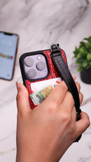 Dana Red with Black Leather Case with Card Slot and Strap - كفر مع مسكة شريطة ومكان للبطاقات وخيط علاقة