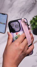 Dana Purple with Pink Strap Leather Case with Card Slot and Strap - كفر مع مسكة شريطة ومكان للبطاقات وخيط علاقة