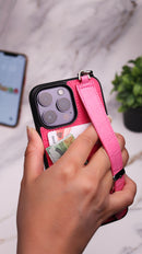 Dana Fuchsia with Pink Leather Case with Card Slot and Strap - كفر مع مسكة شريطة ومكان للبطاقات وخيط علاقة