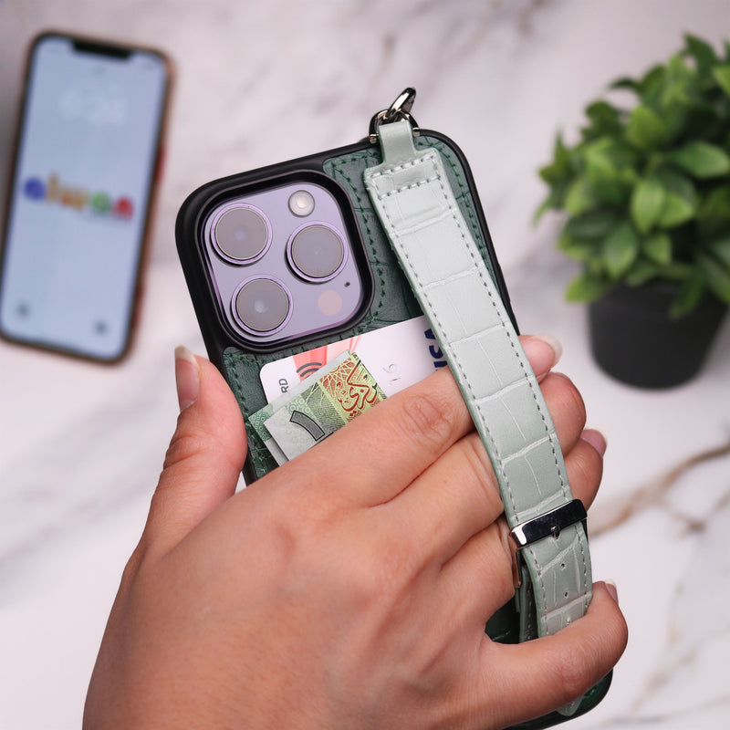 Dana Green Leather Case with Card Slot and Strap - كفر مع مسكة شريطة ومكان للبطاقات وخيط علاقة