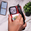 Dana Red with Black Leather Case with Card Slot and Strap - كفر مع مسكة شريطة ومكان للبطاقات وخيط علاقة