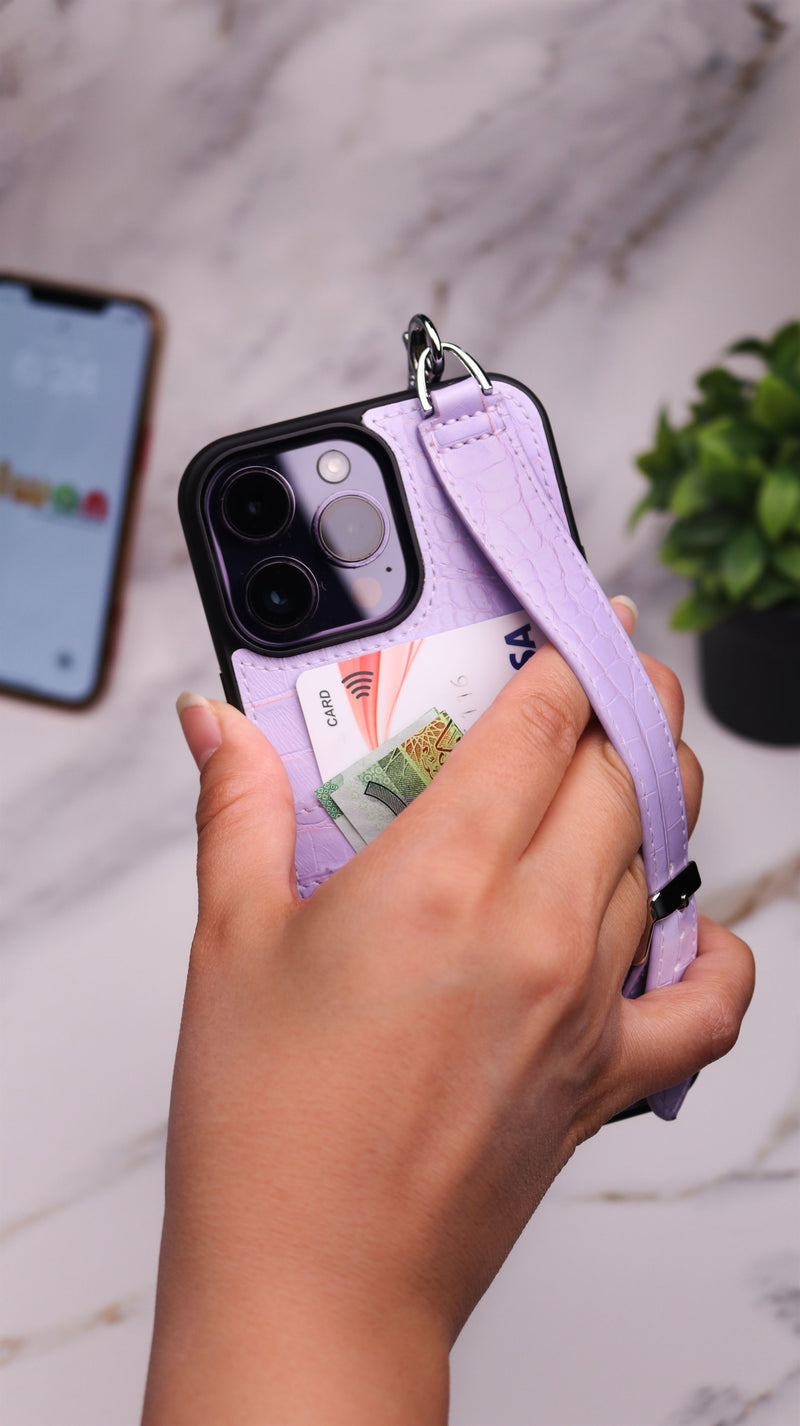 Dana Full Purple Leather Case with Card Slot and Strap - كفر مع مسكة شريطة ومكان للبطاقات وخيط علاقة
