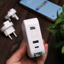 Bazic GoPort Travel 10000mAh 5 in 1 Multi-Functional Universal Wall Charger with 15W Fast Wireless Charging - White - شاحن حائط دولي - 5 في 1 - باور بانك سعة 10000 - سلك شحن ايفون + سلك شحن تايب سي - شاشه رقمية - شاحن لاسلكي - ستاند بالطول والعرض