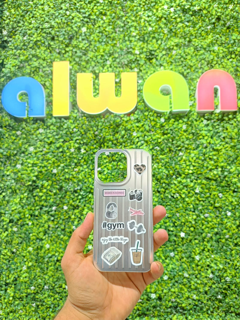 Noufa Silver Phone Case - كفر مع ستيكرز طباعة من اختياركم - الكفر + التصميم + البروفة + الطباعة - سيتم التواصل معكم لتحديد الكلمات والصور