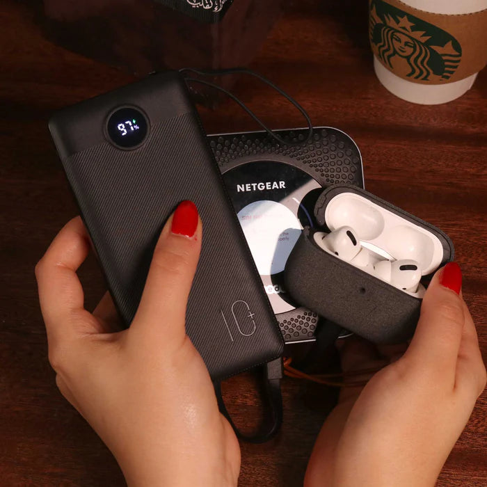 Porodo 10000mAh Magsafe Integrated Cables Smart Folding Stand - بطاريه متنقلة - سعة 10 ألاف - بورودو + شحن ماغ سيف قوة 15 واط  - ستاند + سلك شحن  تايب سي + سلك شحن  ايفون + سلك شحن مايكرو + سلك يو اس بي اي - شاشة رقمية + ستاند - كفالة 24 شهر