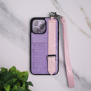 Dana Purple with Pink Strap Leather Case with Card Slot and Strap - كفر مع مسكة شريطة ومكان للبطاقات وخيط علاقة