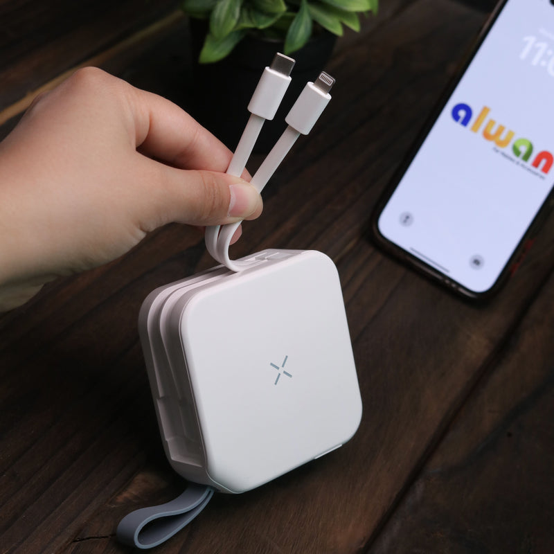 Bazic GoPort Travel 10000mAh 5 in 1 Multi-Functional Universal Wall Charger with 15W Fast Wireless Charging - White - شاحن حائط دولي - 5 في 1 - باور بانك سعة 10000 - سلك شحن ايفون + سلك شحن تايب سي - شاشه رقمية - شاحن لاسلكي - ستاند بالطول والعرض