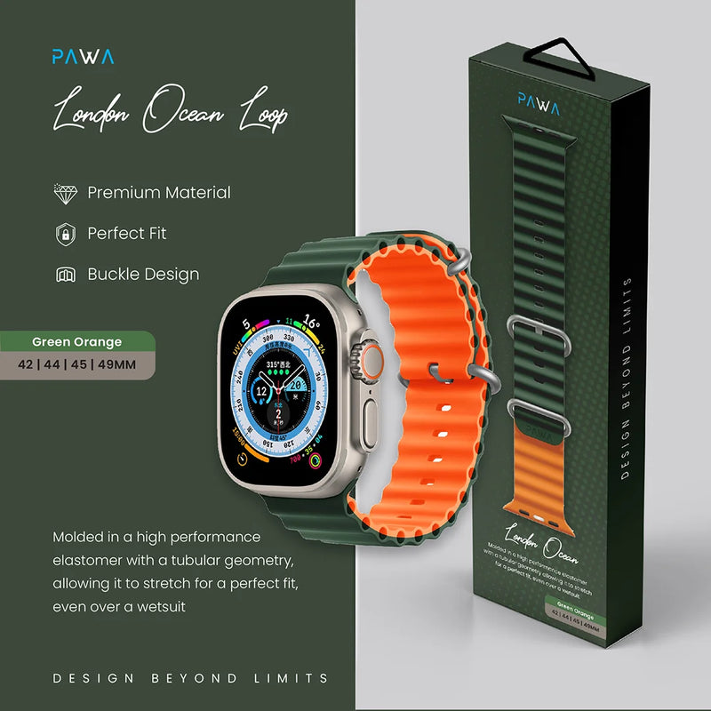 PAWA - Lagos Premium Soft Silicon Straps - Green/Orange - سير ساعه أبل واتش