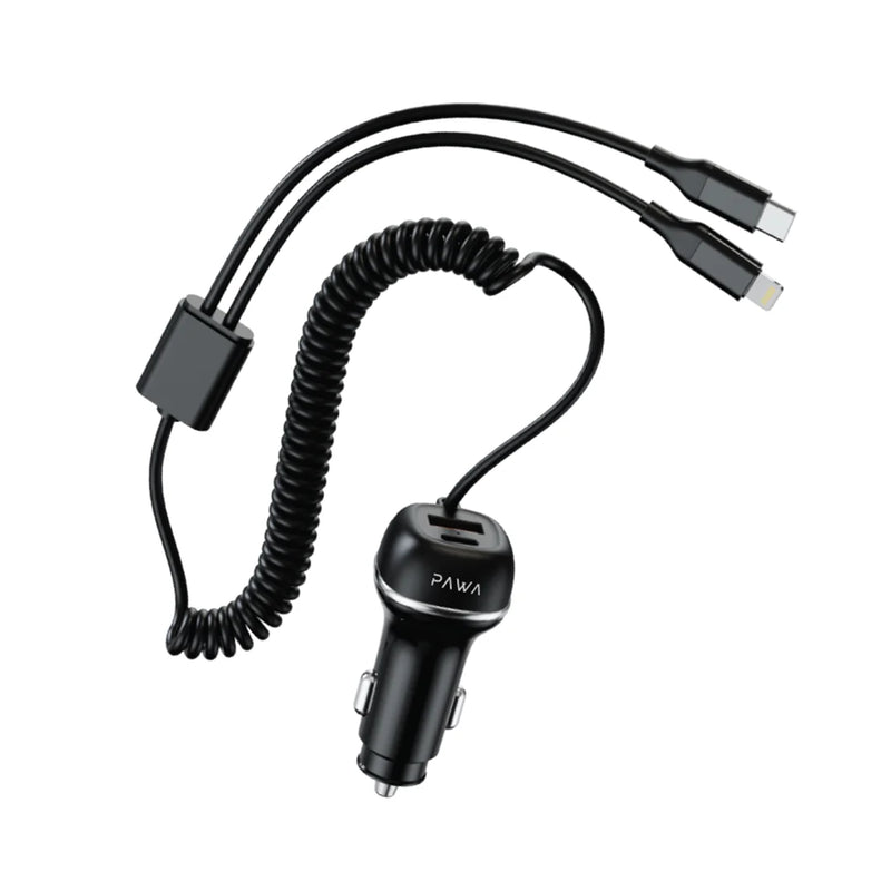 Solid Car Charger Dual Port PD+QC With USB-C and Lightning Cable - شاحن ولاعة مع كيبل تايب سي  ايفون - باوا - اسود - كفالة 12 شهر