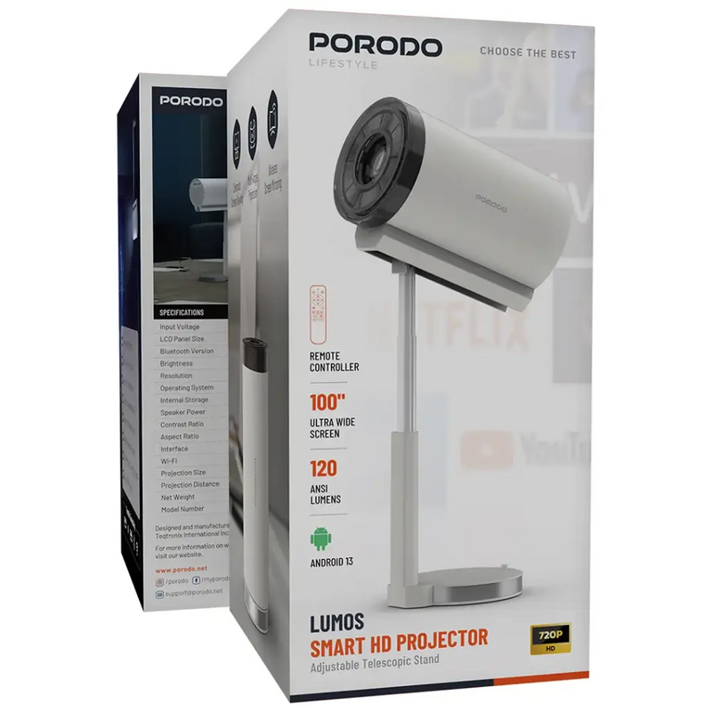 Porodo Lifestyle Lumos Smart HD Projector - White
 [M] - بروجكتور متنقل - كفالة 24 شهر