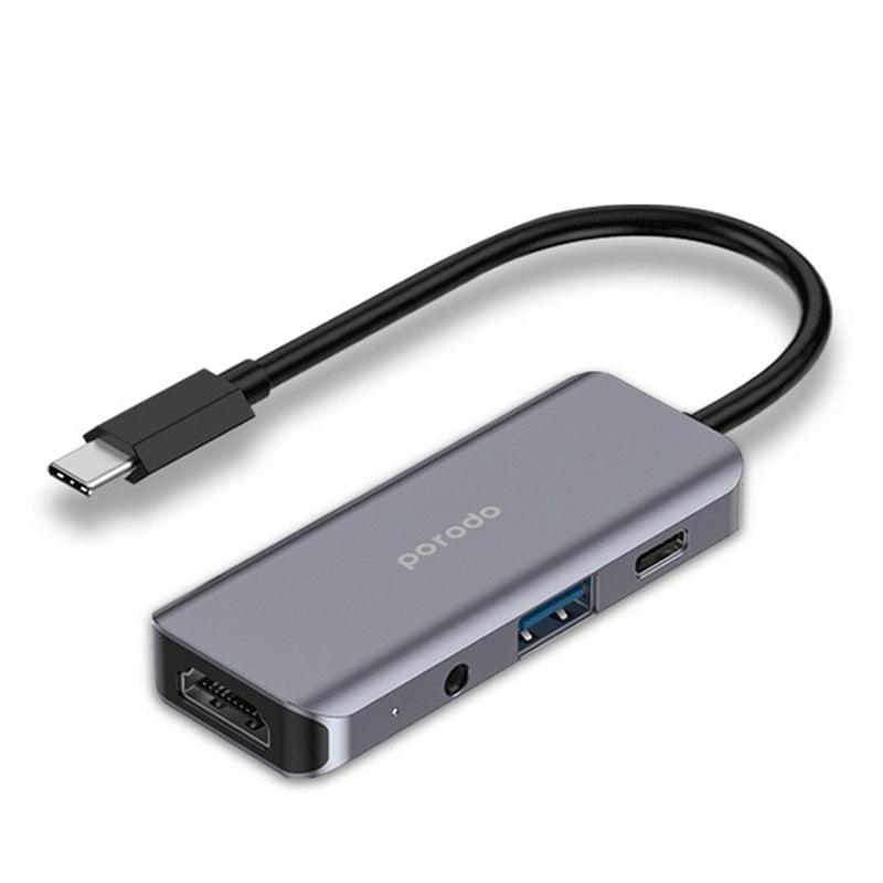Porodo 4in1 USB-C Hub Type-C PD 100W HDMI USB 3.5mm Aux - Grey - وصلة تايب سي - 4 في 1 - لاجهزة الايباد برو والماك بوك - متعددة الاستخدام - كفالة 24 شهر