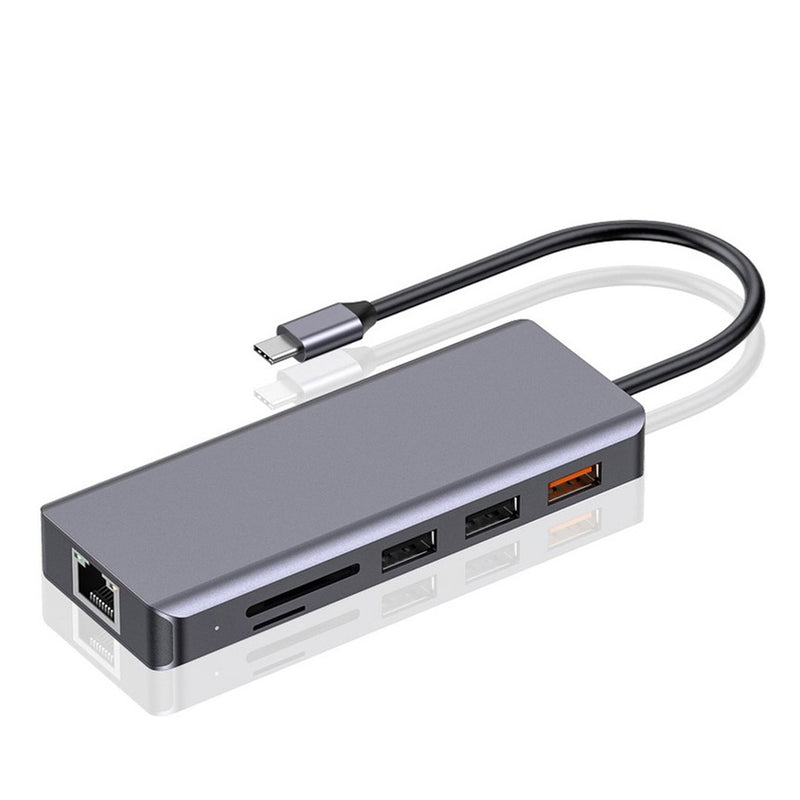 Porodo 9in1 USB-C Hub Type-C PD 100W HDMI Ethernet USB SD Card 3.5mm Aux - Grey - وصلة تايب سي - 9 في 1 - لاجهزة الايباد برو والماك بوك - متعددة الاستخدام - كفالة 12 شهر