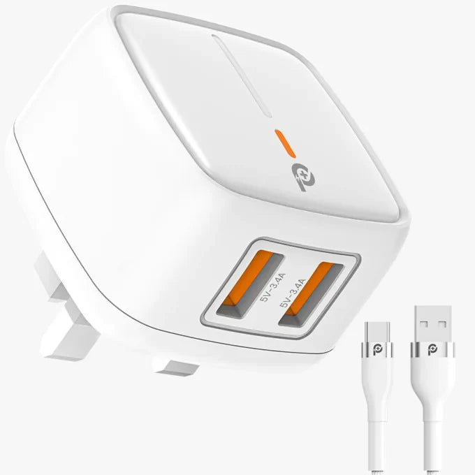 Powero+ British 12W UK Wall Charger with USB A to Type C Cable - بلاك شاحن حائط + سلك شحن تايب سي - 2 فتحتين يو اس بي - قوة 12 واط - كفالة 12 شهر