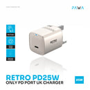 PAWA Retro PD25W Only PD Port UK Charger [O] - شاحن حائط - قوة 25 واط - منفذ تايب سي  للشحن السريع  كفالة 12 شهر