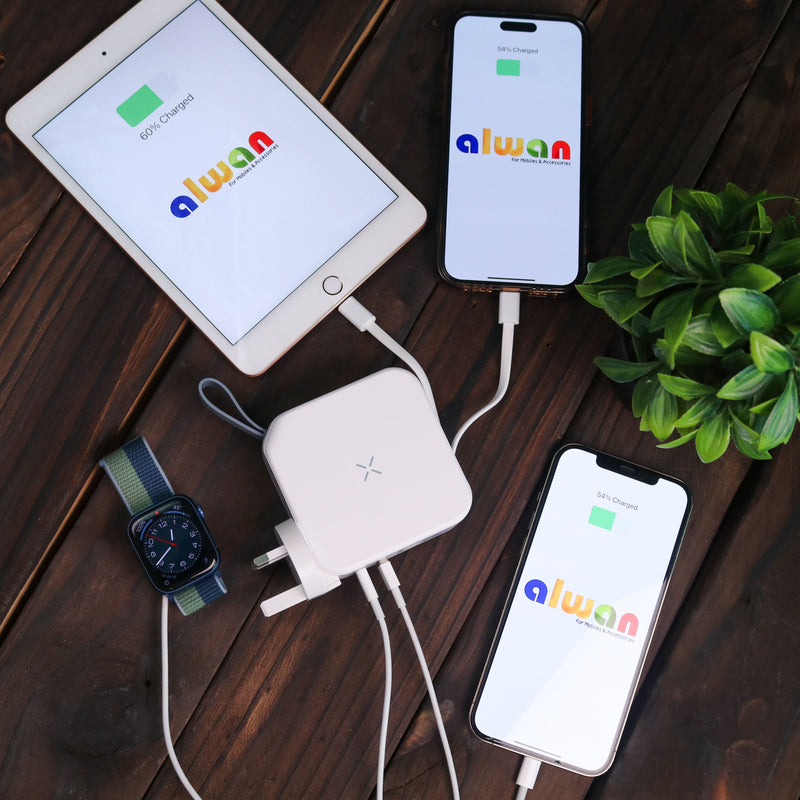 Bazic GoPort Travel 10000mAh 5 in 1 Multi-Functional Universal Wall Charger with 15W Fast Wireless Charging - White - شاحن حائط دولي - 5 في 1 - باور بانك سعة 10000 - سلك شحن ايفون + سلك شحن تايب سي - شاشه رقمية - شاحن لاسلكي - ستاند بالطول والعرض