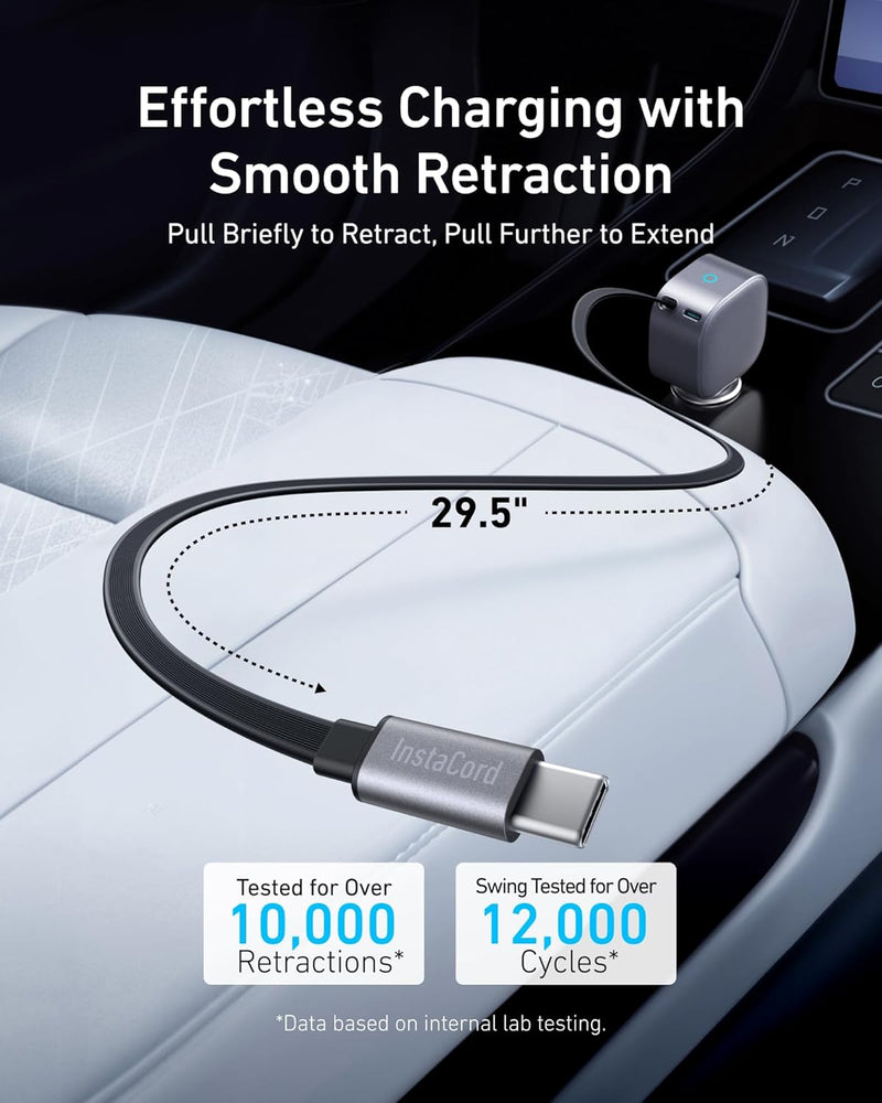 Anker USB-C Car Charger, 75W Max, Ultra-Compact, Type-C Fast Charger with Built-in Retractable USB-C Cable - شاحن ولاعة للسيارة - انكر - قوة 75 واط - 1 منفذ تايب سي للشحن السريع - سلك شن تايب سي مدمج - كفالة 18 شهر