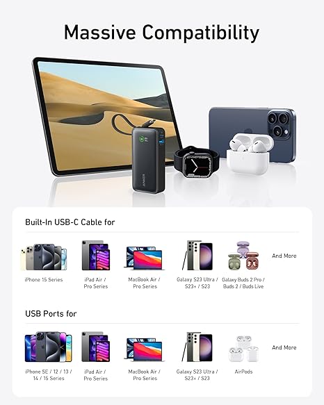 Anker Nano Power Bank (30W, Built-In USB-C Cable) 10000 PD - Black [D] - بطارية متنقلة - انكر - سعة 10 آلاف ملي امبير - مع سلك شاحن تايب سي - قوة 30 واط - كفالة 18 شهر